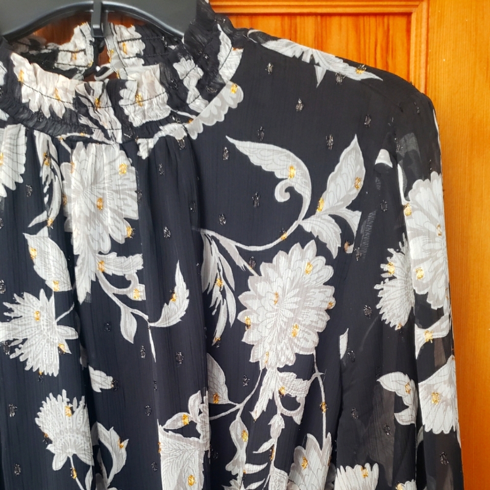 Ann Taylor Shift Cocktail Dress Black Gold Shear Long Sleeve Large